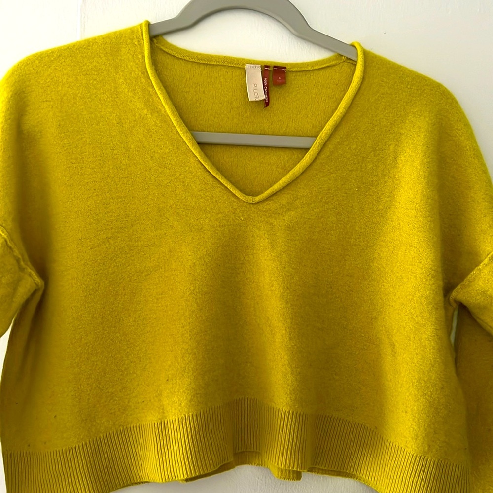 Anthro Electric Yellow cropped Cashmere sweater